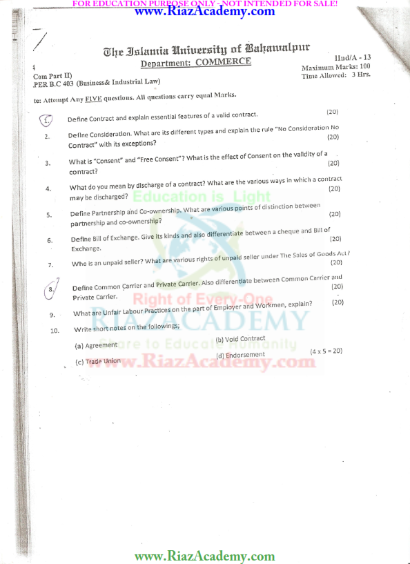 Business Law - B.COM-II PAST PAPERS [READ Or DOWNLOAD] - Riaz Academy